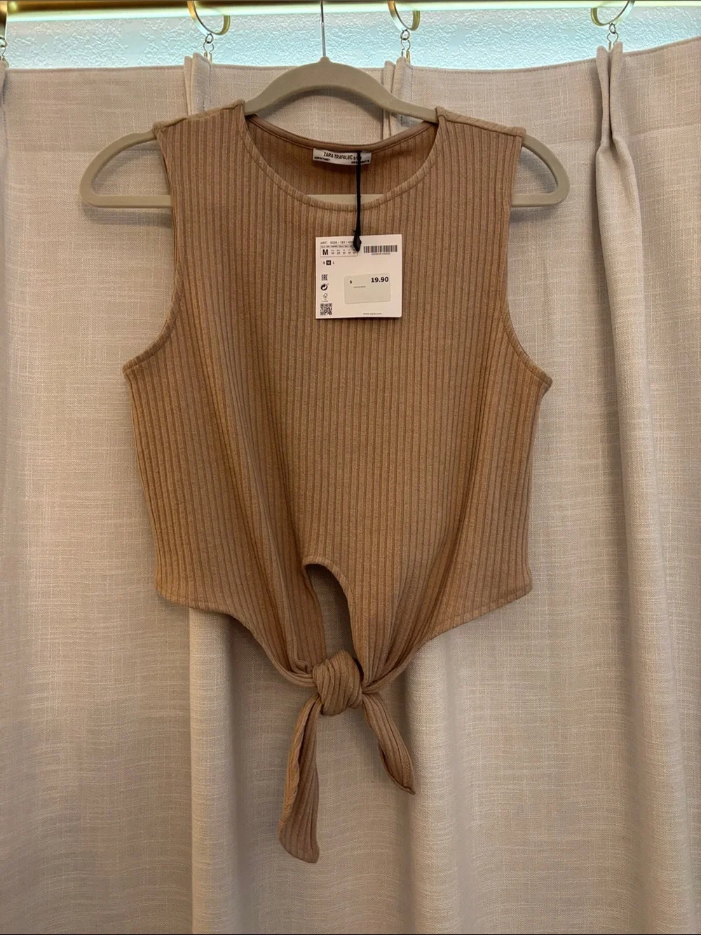 Zara Trafaluc S/S18 Ribbed Tie-Front Tank Top - Tan, Medium - Picture 1 of 5